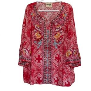 Savanna Jane Boho Floral Embroidered V Neckline Tunic Bell Sleeves Size 3